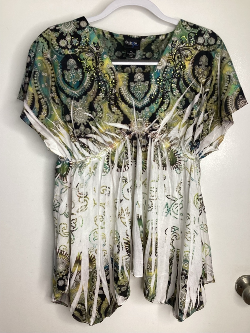 Style & Co. Green Paisley V-Neck Tunic with White Accents XLP